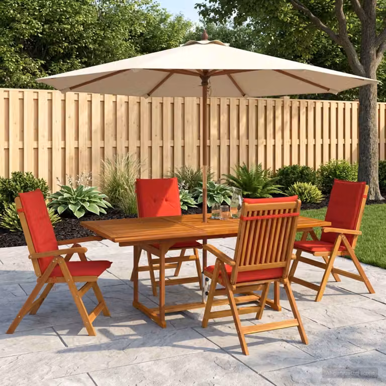 Set da pranzo da giardino vidaXL in legno di acacia oliato, 5 pezzi, colore naturale/marrone/rosso