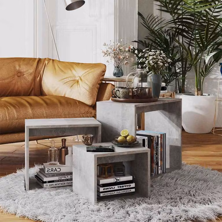 Set di 3 tavolini impilabili vidaXL in legno multistrato, design moderno grigio cemento per soggiorno o camera da letto