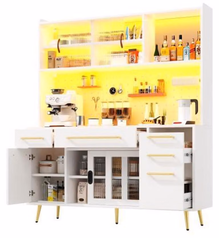 Mobiletto da cucina, credenza con illuminazione a LED, mobile contenitore con cassetti, dimensioni 145x39x171 cm, colore bianco