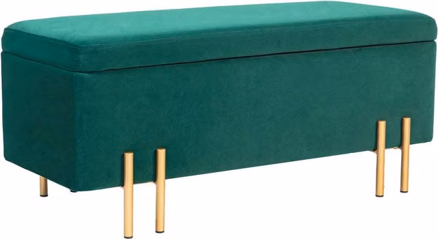 Panca contenitore imbottita con vano portaoggetti, utilizzabile come poggiapiedi e panca da letto, in poliestere verde