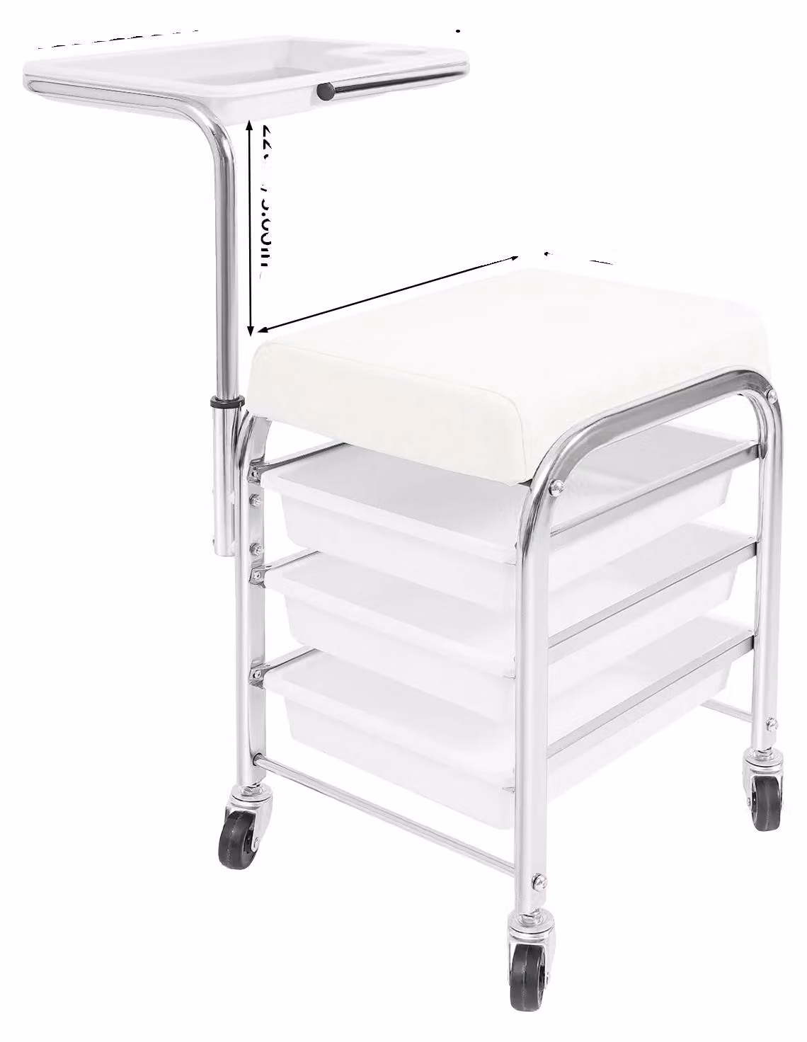 Carrello per manicure, con tre ripiani, piano di appoggio regolabile in altezza, colore bianco