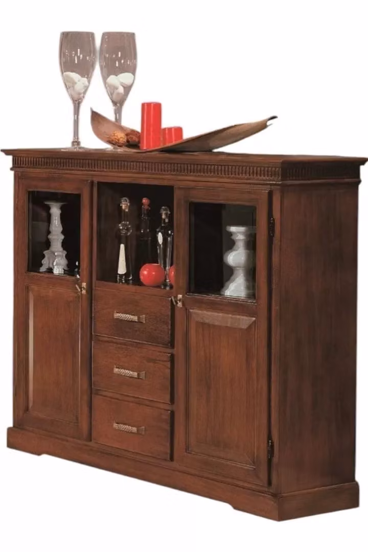 Credenza con vetrina in stile arte povera Mobili 2G con 2 porte, 3 cassetti e ante in vetro, colore marrone, L: 150 cm, P: 47 cm, H: 130 cm