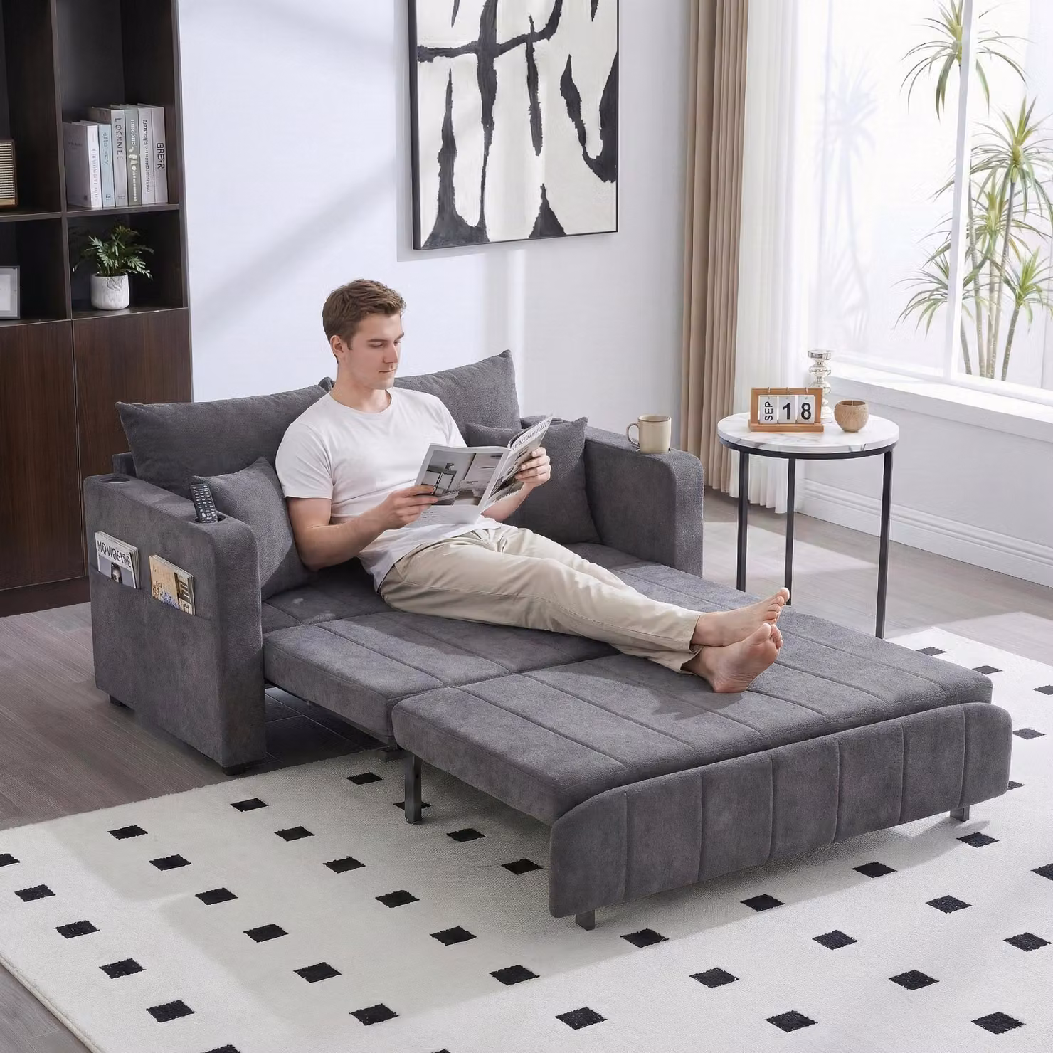 LVHOM divano letto con schienale regolabile in 3 posizioni e USB, divano letto estraibile, 2 posti con portabicchieri Salvaspazio 139x73x83cm, grigio