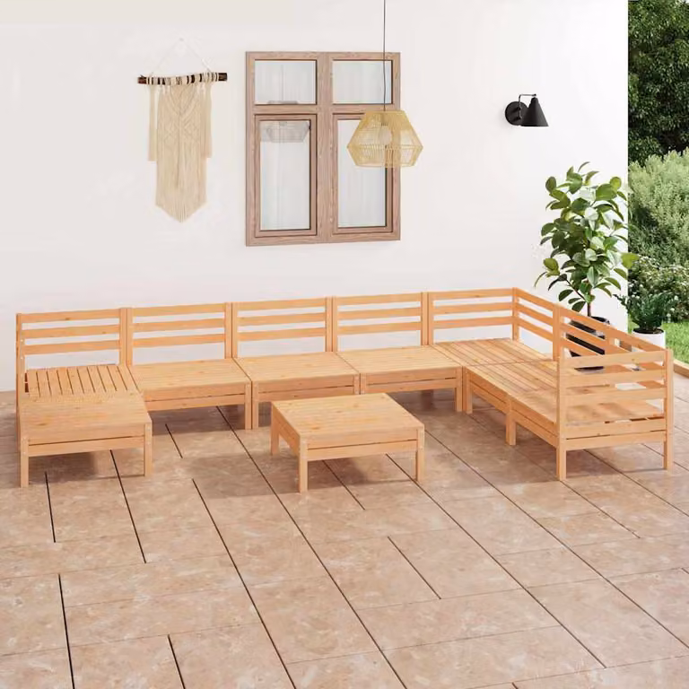 Set Salotto da Giardino vidaXL 9 pz in Legno di Pino Marrone con Cuscini e Configurazione a L