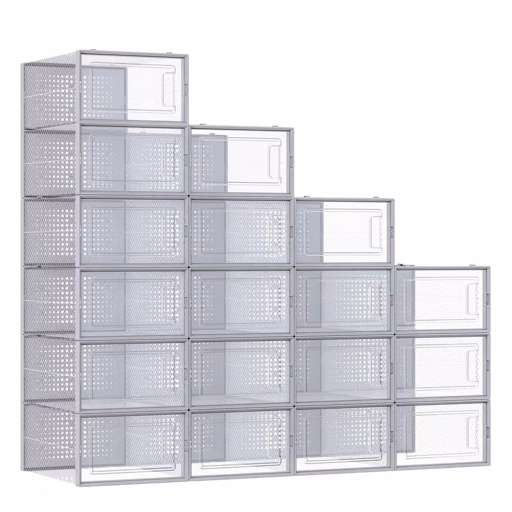 Scatole Porta Scarpe Pieghevoli e Impilabili, Trasparente + Grigio / M ( 33,5P x 23,2L x 14,3A cm )