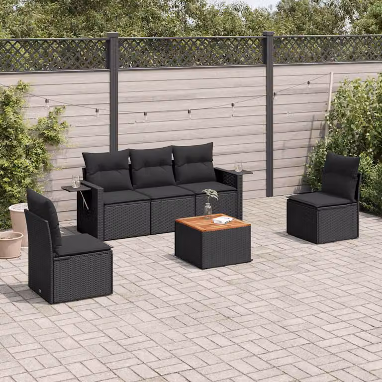 vidaXL Set Divano da Giardino 6 pz in Polyrattan Nero con Cuscini e Tavolino