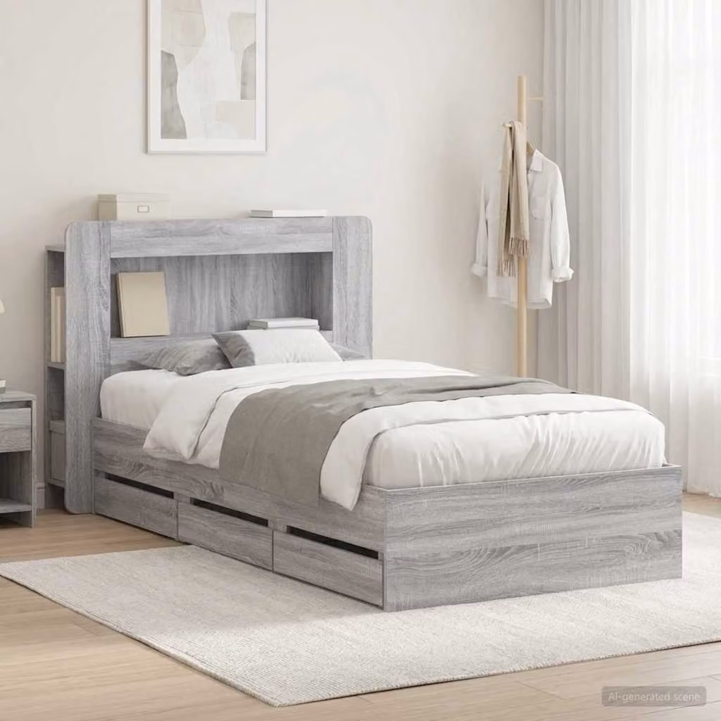 Struttura letto con contenitore e testata vidaXL in legno Sonoma grigio L 140 x P 190 x H 119,5 cm