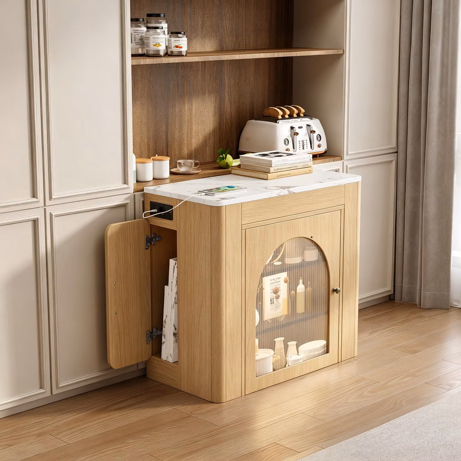 Flieks: tavolo da pranzo allungabile con mobile contenitore, tavolo da cucina con piano rimovibile, credenza con LED e funzione di ricarica, finitura naturale