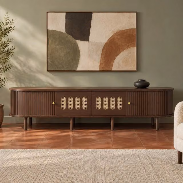 Mobile TV ovale 180x40x40 cm colore noce con 2 cassetti rattan e 2 ante a serranda, portata 30 kg, MDF