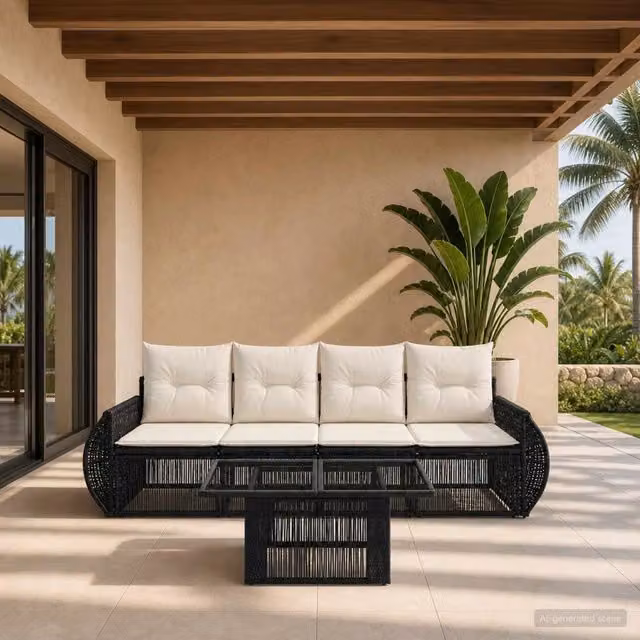 Set Divano da Giardino 5 pz Nero e Bianco Crema polyrattan 3436894