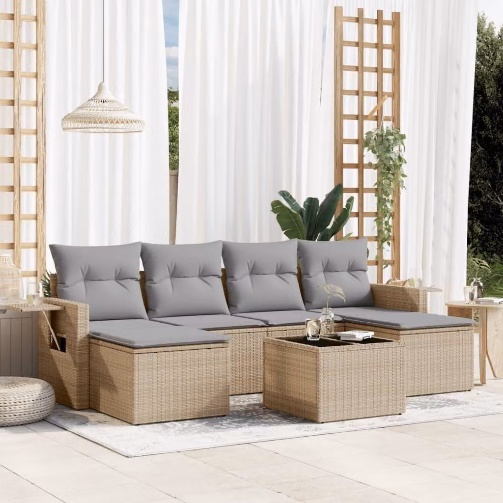 vidaXL Set Divani da Giardino a L 7 pz in Polyrattan con Cuscini Beige e Grigio – 1