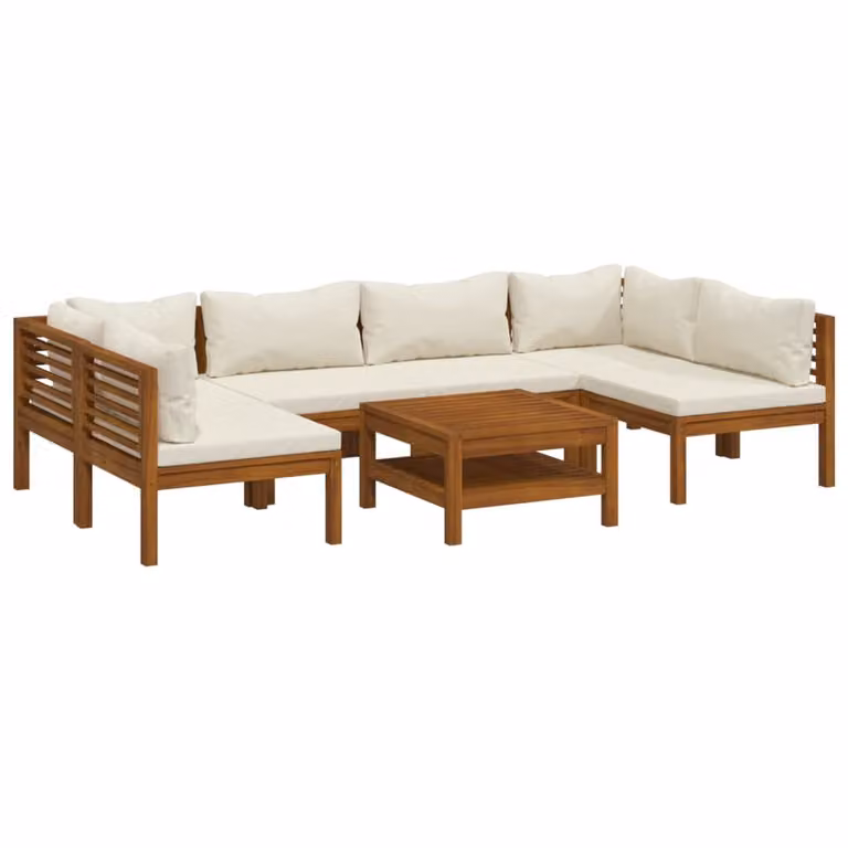 Set Divani da Giardino 7 pz con Cuscini Crema in Legno Acacia