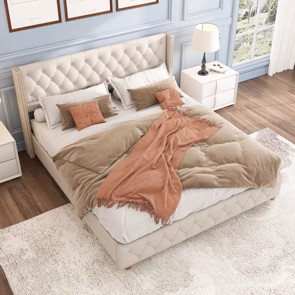 Letto matrimoniale imbottito OKWISH in tessuto beige, stile moderno, L/P/H: 180 x 200 x 108 cm – 2