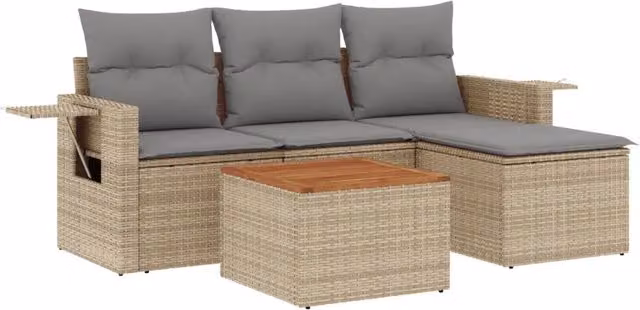 Set Divano da Giardino 5 pz | Set Salotto da Giardino con Cuscini Beige in Polyrattan