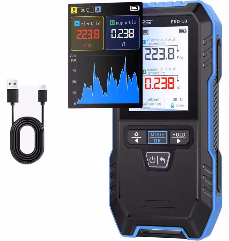Misuratore multifunzione 4-in-1 per campi elettromagnetici ERD-10 – Rilevatore di campi elettrici, radiofrequenza, magnetici e di temperatura