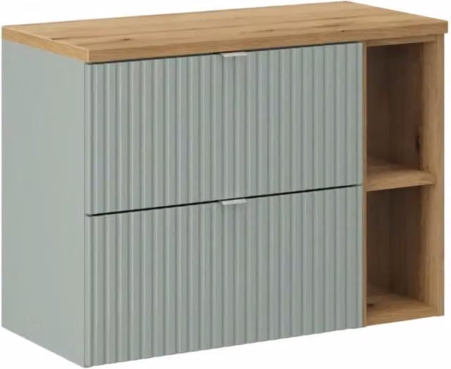 Insieme ELVINA 80cm: mobile sottolavabo con cassetti verdi e nicchie a vista + piano per lavabo effetto legno scuro