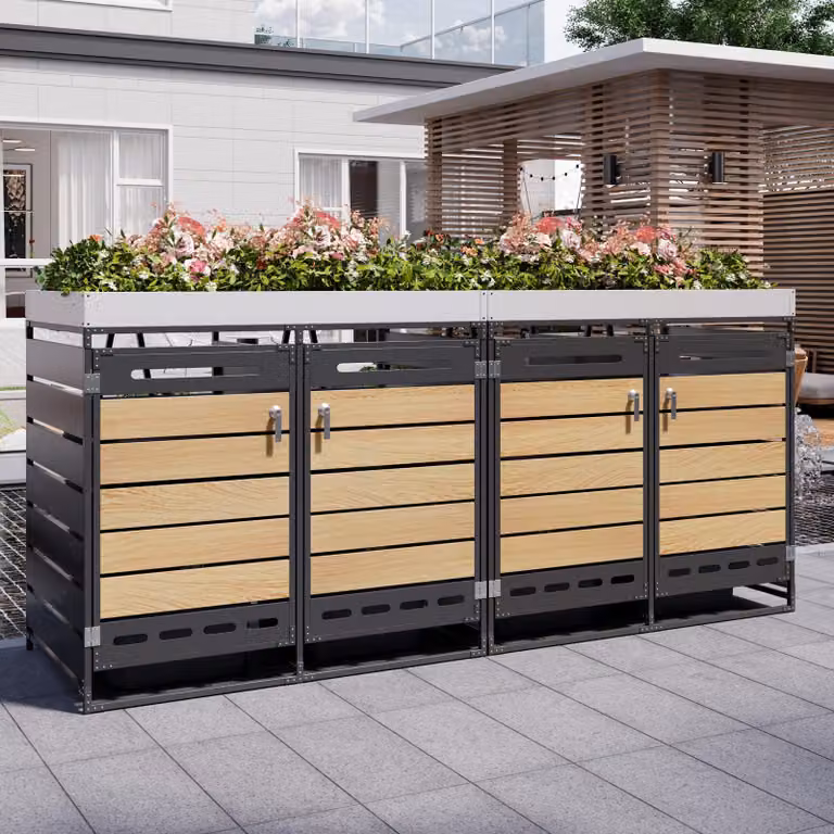 Merax: box per bidoni della spazzatura doppio con fioriera, rivestimento in metallo effetto legno, orizzontale, ventilato e chiudibile a chiave, box da giardino per bidoni della spazzatura, nero