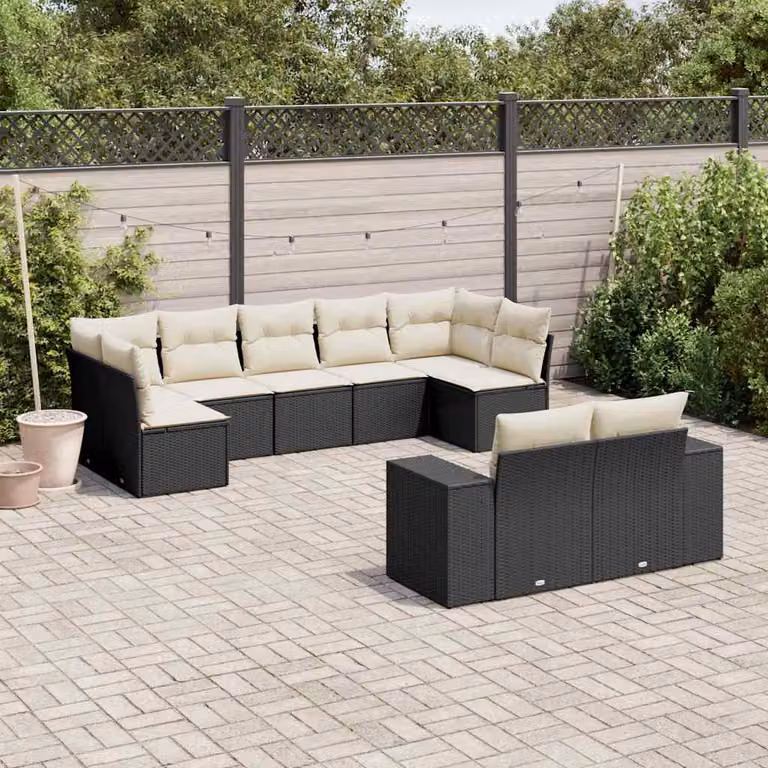 Set di divani da giardino vidaXL a forma di L composto da 9 pezzi con cuscini neri in polyrattan e struttura in metallo