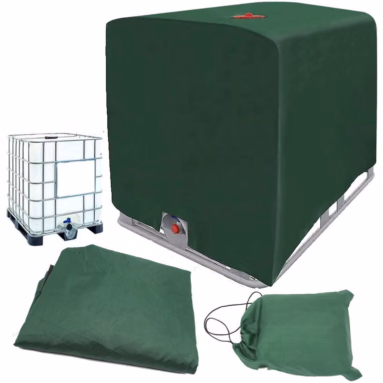 Copertura per serbatoio IBC da 1000 litri, dimensioni 120x100x116 cm, colore verde, realizzata in tessuto Oxford 420D, impermeabile e con protezione solare