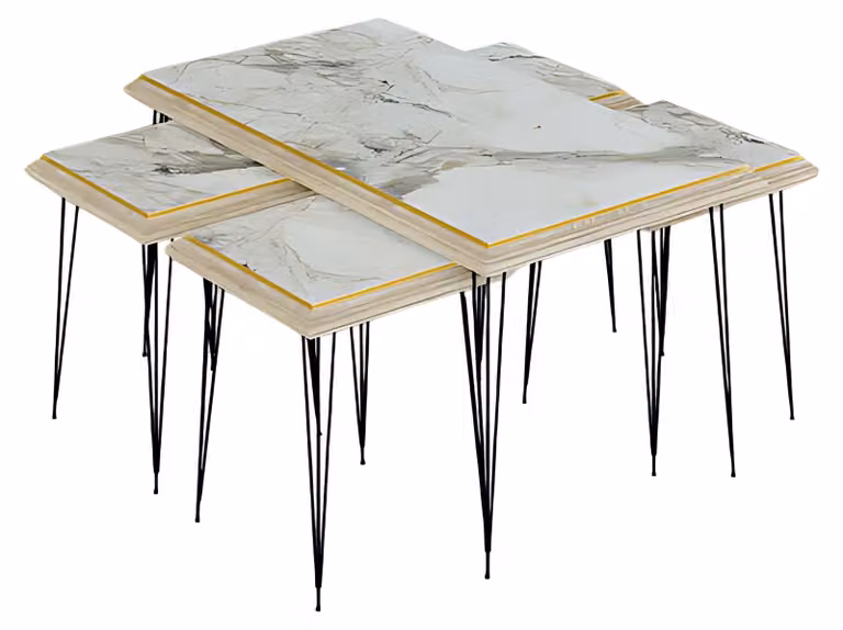 Moderner weißer Couchtisch mit Beistelltischen aus MDF und Edelstahl
