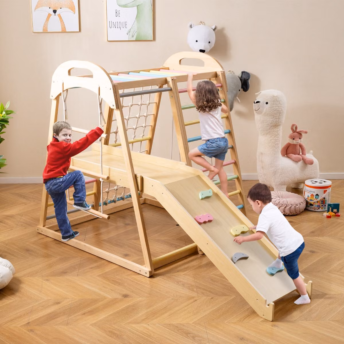 Costway Set da arrampicata in legno 8 in 1 con scivolo, barra delle scimmie e scala a corda per bambini, Multicolore