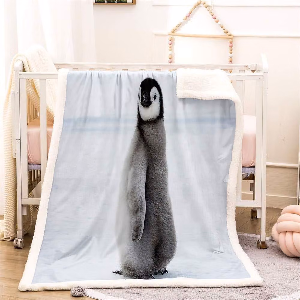 Coperta in pile sherpa con motivo a pinguino, adatta sia per bambini che per adulti