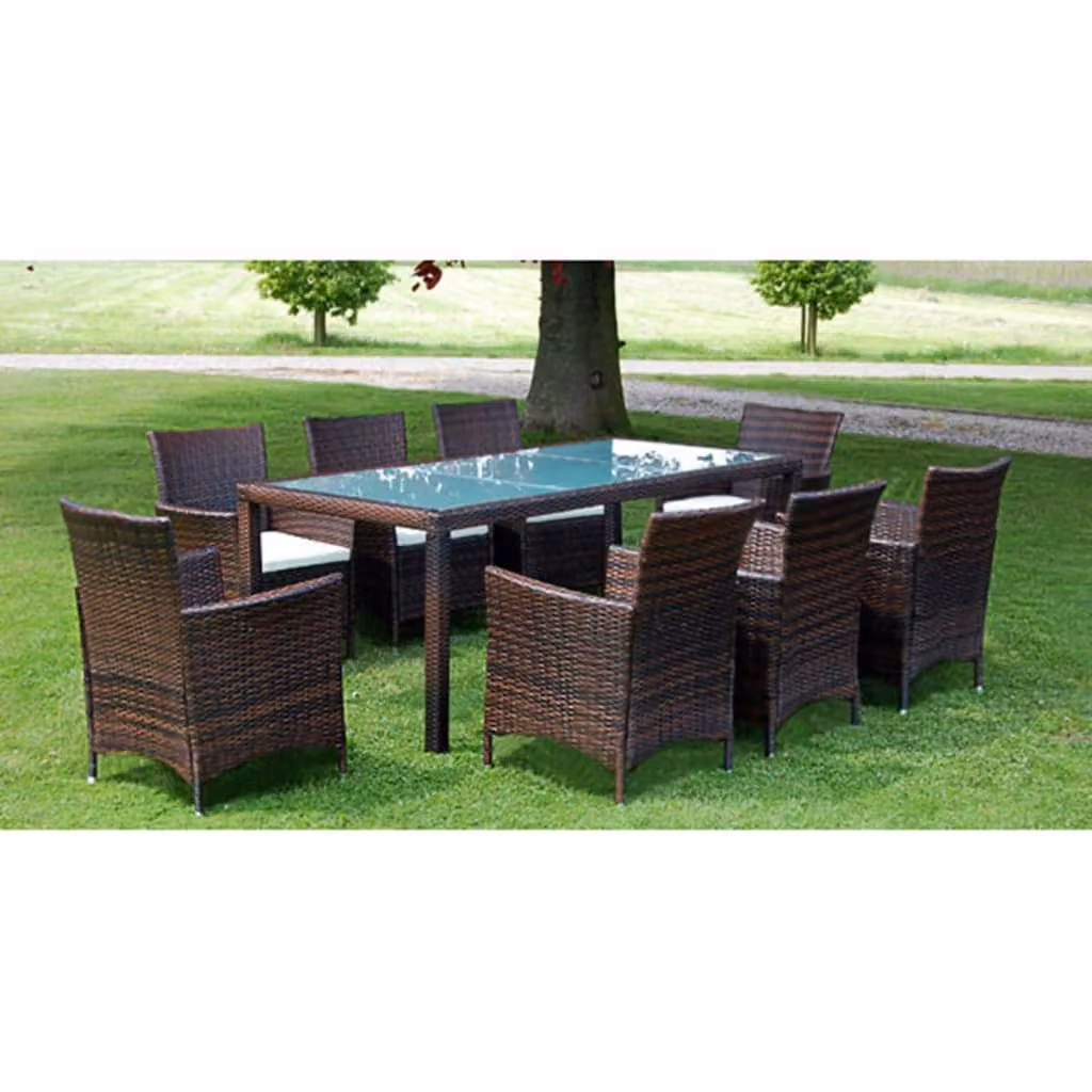 Set da pranzo da giardino vidaXL in polyrattan marrone con cuscini e tavolo in vetro, 9 pezzi