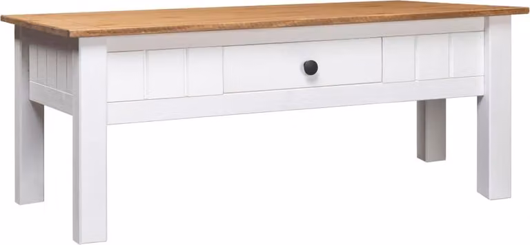 The Living Store Tavolino bianco 100x60x45 cm in legno massiccio di pino Panama