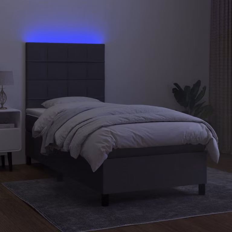 The Living Store Letto a molle con materasso e LED in tessuto grigio scuro 90x200 cm