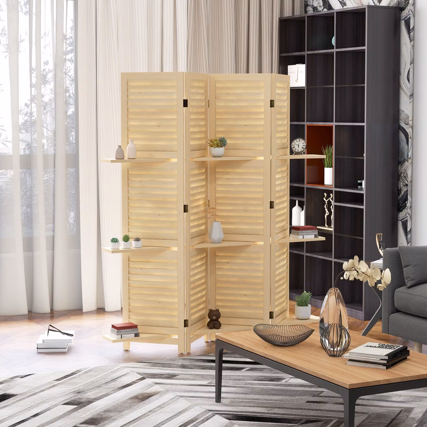 Paravento interno HOMCOM a 4 pannelli con 3 mensole pieghevoli in legno, separatore di ambiente stile moderno, colore marrone e beige, L: 160 cm, H: 170 cm – 2