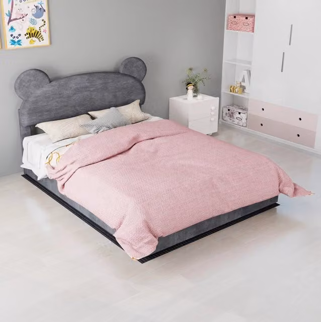 Letto per bambini con contenitore sollevabile e materasso 140x200 cm; velluto grigio