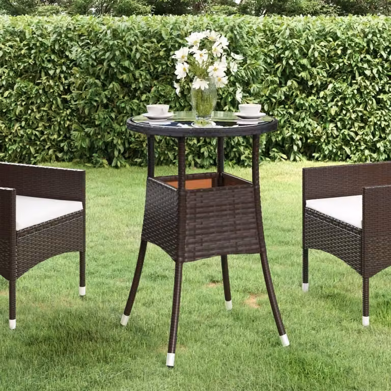 The Living Store tavolo da giardino Ø60x75 cm in vetro temperato e poly rattan marrone