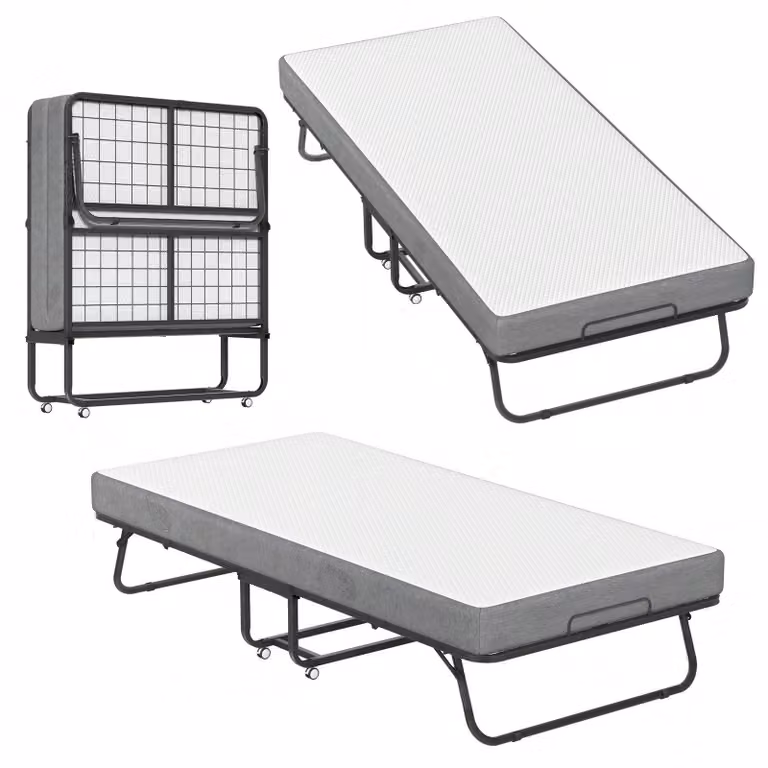 Letto pieghevole per ospiti QEENTOE, 200x90 cm, nero, struttura in metallo con materasso da 13 cm, pieghevole con ruote, letto da viaggio con struttura in metallo
