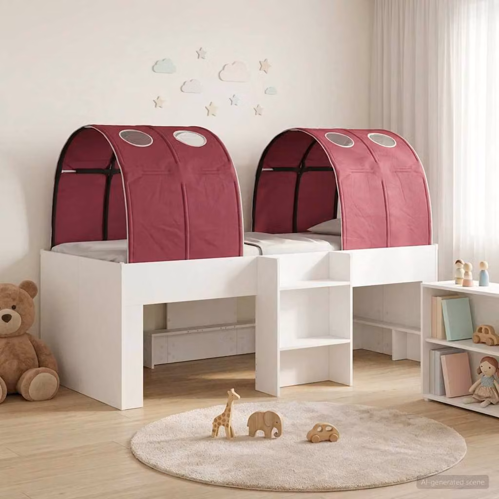 Letto per bambini con tunnel vidaXL in legno ingegnerizzato, Bianco e Rosso, L 120 x P 68,5 x H 111 cm, 193 cm di lunghezza totale