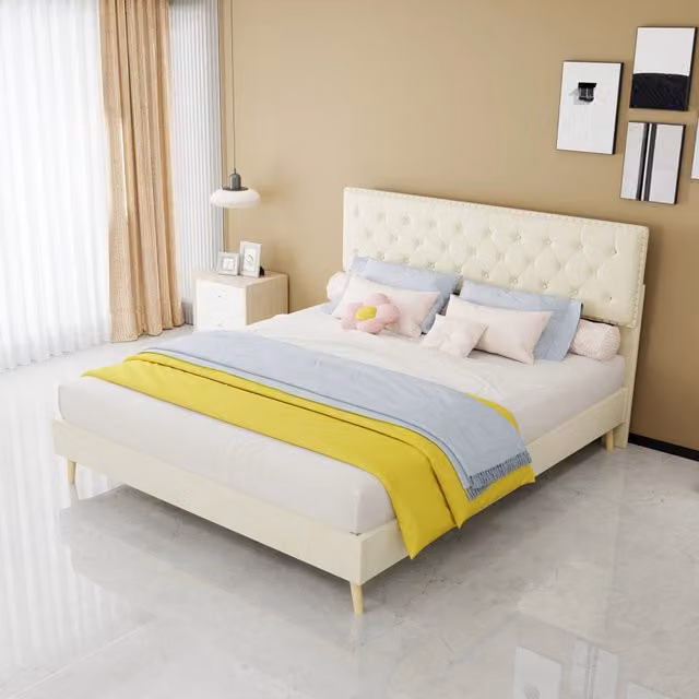 Letto Mivray con testiera alta rivestita in velluto beige e rete a doghe in legno L: 160 cm, P: 200 cm