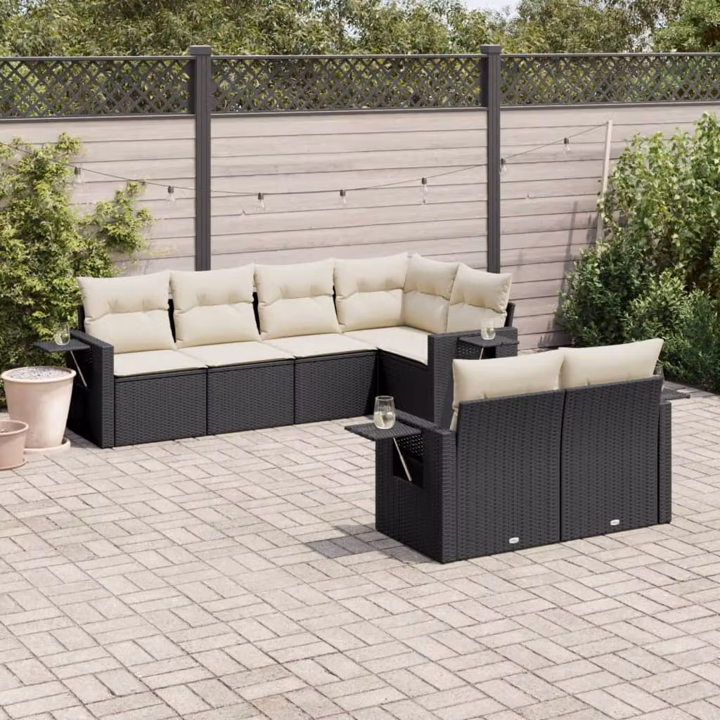 vidaXL Set Divani da Giardino a L con Cuscini 7pz in Polyrattan Nero e Bianco – 1