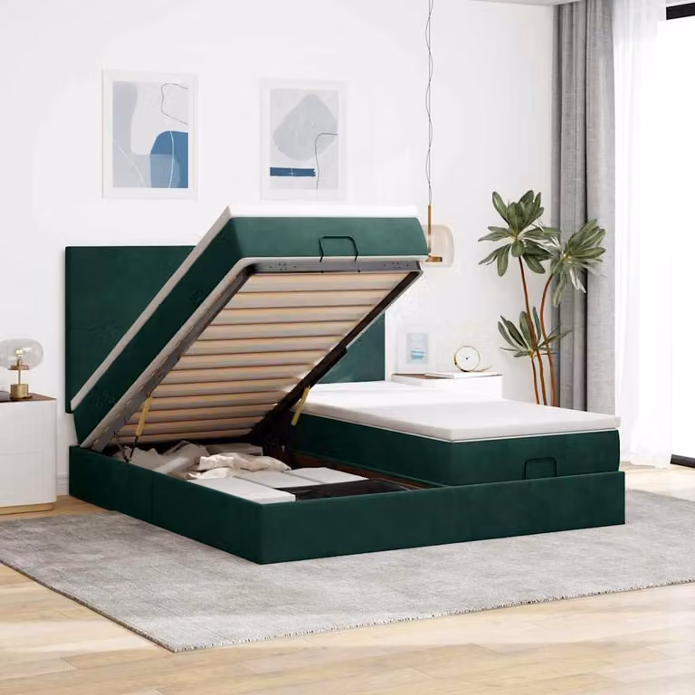 vidaXL Struttura Letto con Contenitore e Materasso in Velluto, L/P/H: 180 x 200 x 128 cm, Verde e Bianco