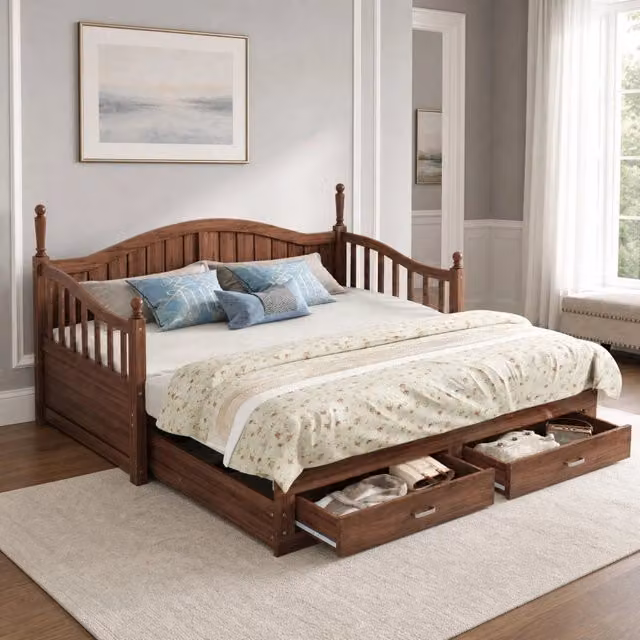 Divano letto estraibile ULEVR 90x190 cm, estensibile a 180x190 cm con 2 cassetti, legno color noce