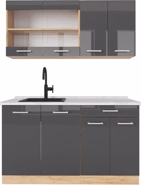 Cucina monoblocco R-Line Antracite lucido/Rovere dorato 140 cm, PL Marmo Vicco