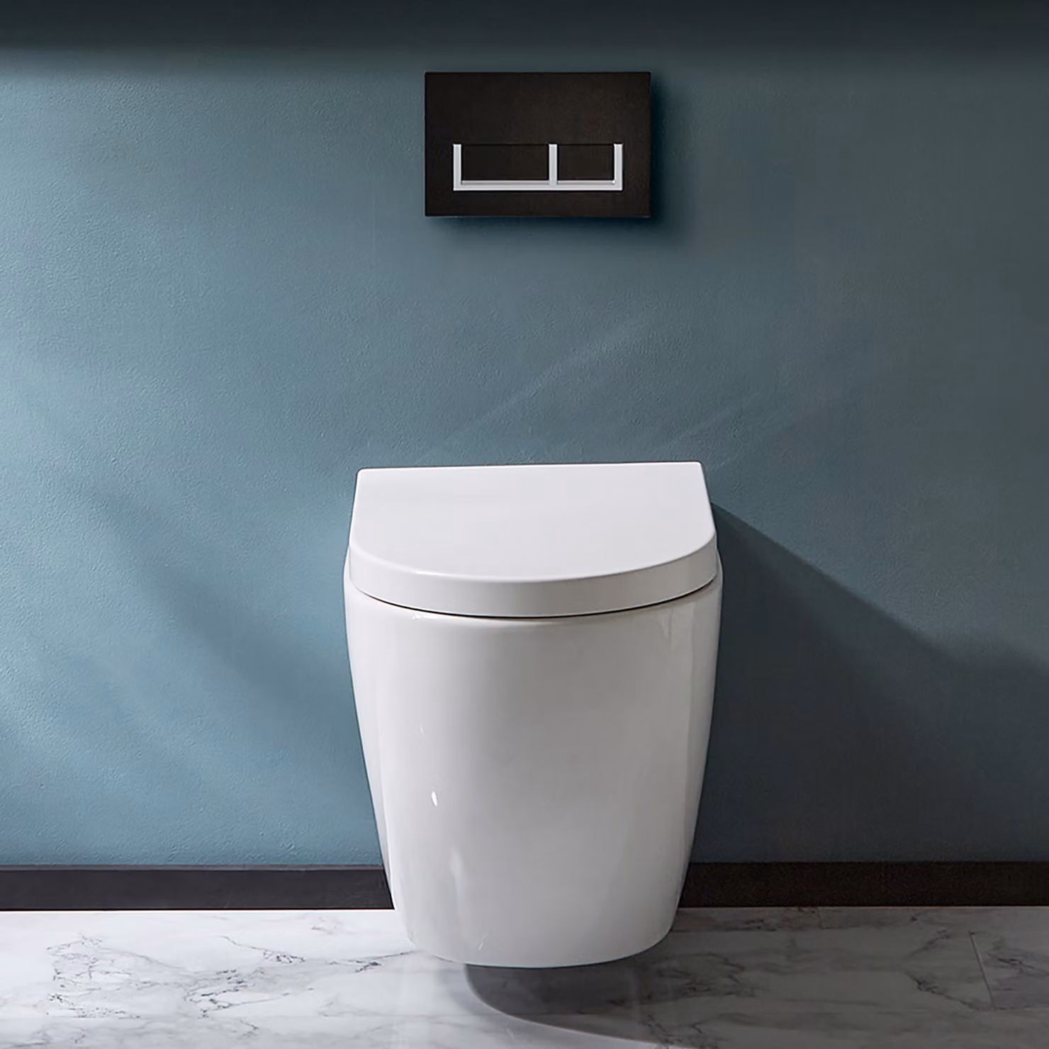 Sanitario WC Sospeso Senza Brida con Telaio Corto - Placca di Comando Rettangolare Bianca/Cromata - Ashbury