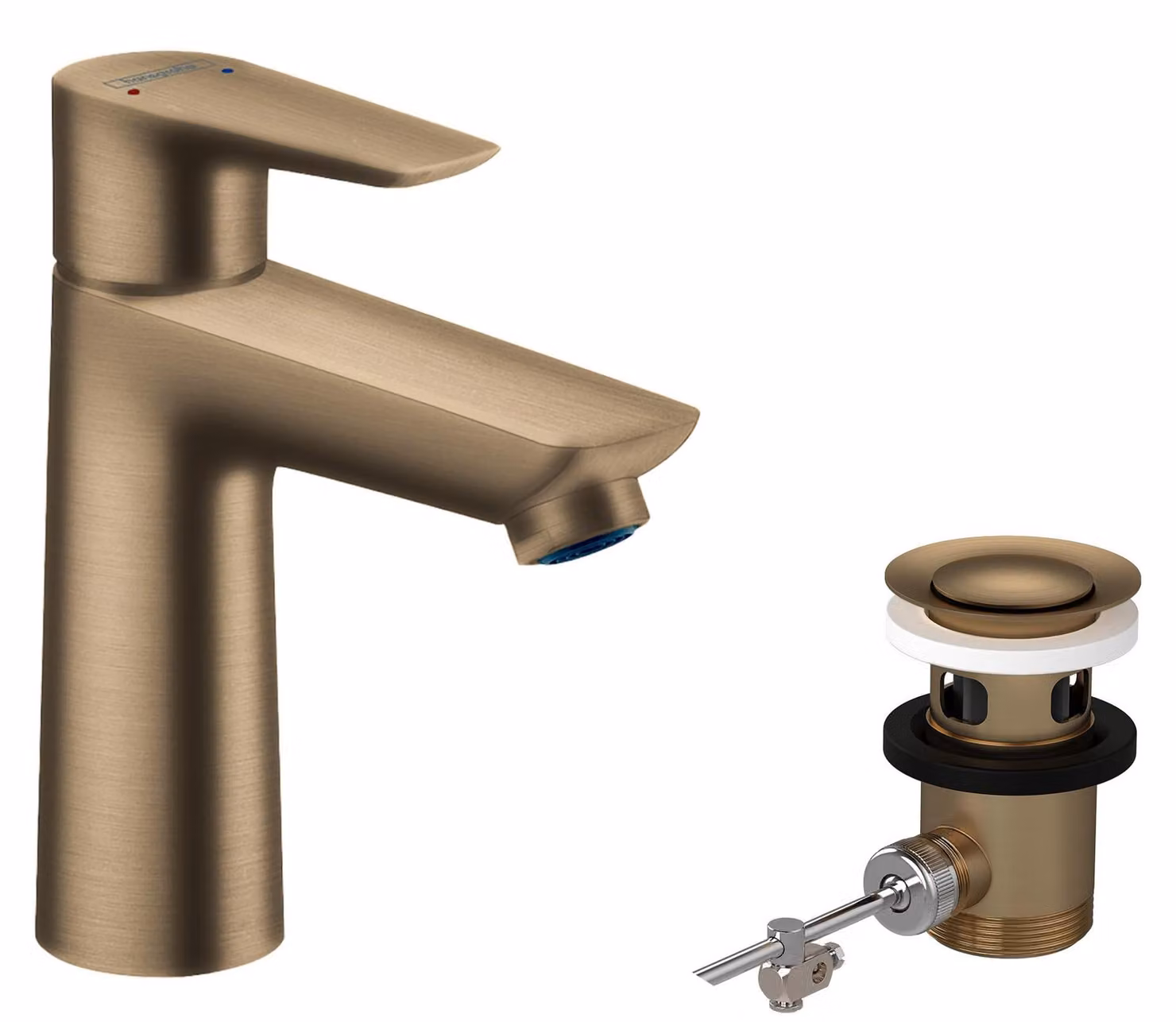 Miscelatore monocomando per lavabo, modello 110, in bronzo spazzolato, completo di gruppo di scarico