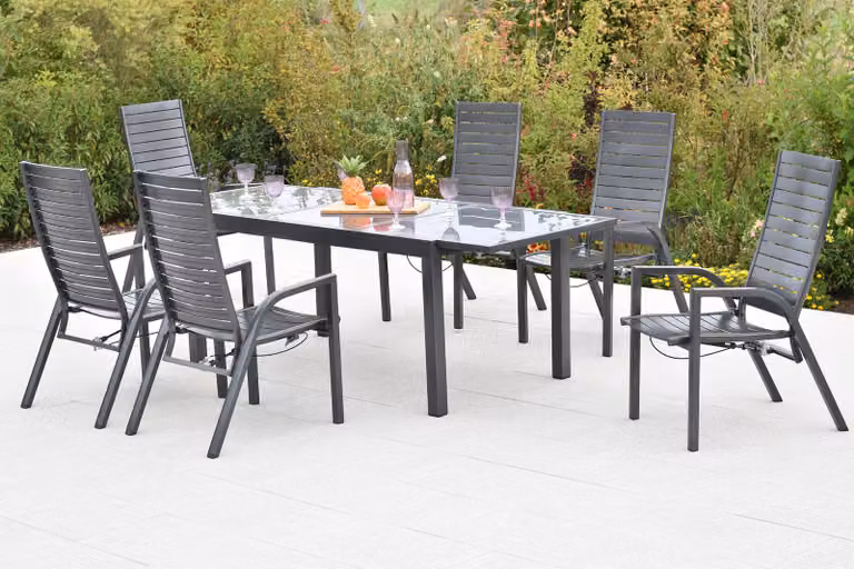 Set di mobili da giardino Merxx Siros, 7 pezzi, 6 poltrone regolabili tramite molla a gas, tavolo allungabile 150 (210) x 90 cm - Alluminio