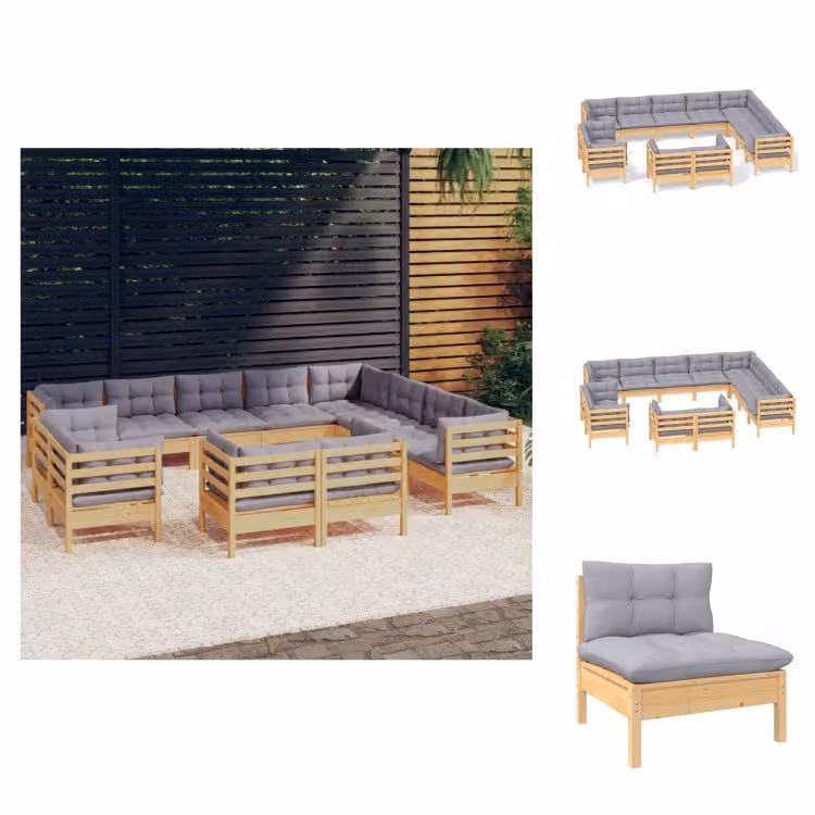 vidaXL Set di 12 pezzi da giardino con cuscini grigi in pino massiccio - Set di mobili da giardino