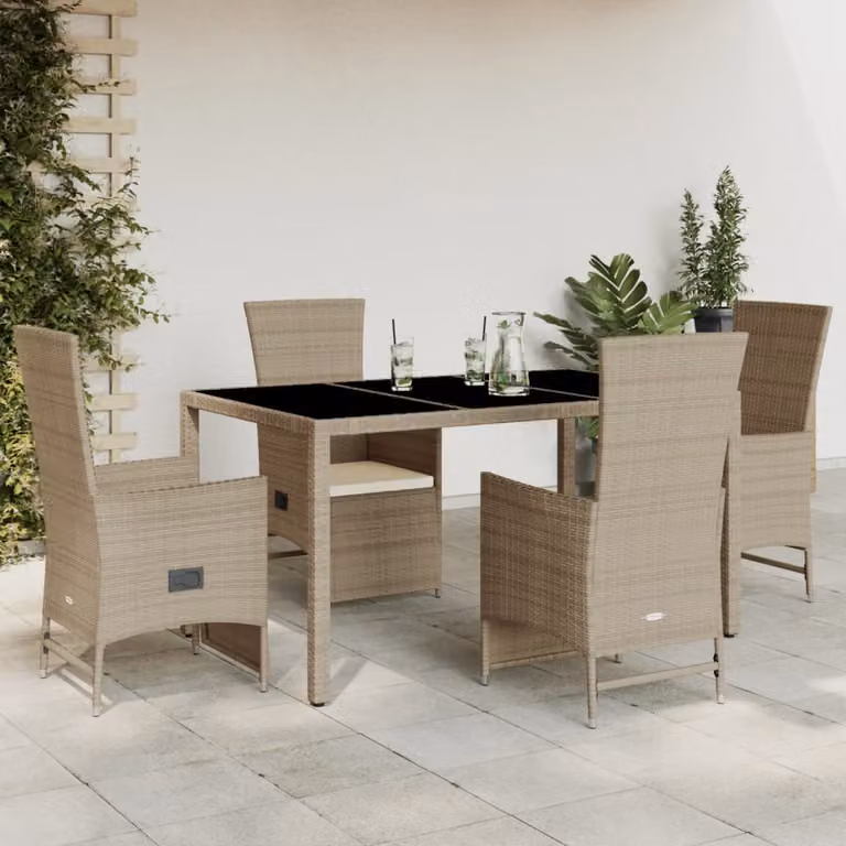 Set da pranzo da giardino vidaXL in polyrattan con cuscini beige e tavolo in vetro per esterno