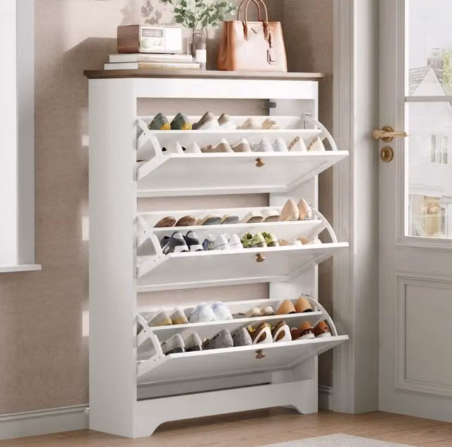 Scarpiera salvaspazio MODFU con 3 ribalte e chiusura soft close in MDF bianco e marrone L/P/H: 87 x 26 x 120 cm
