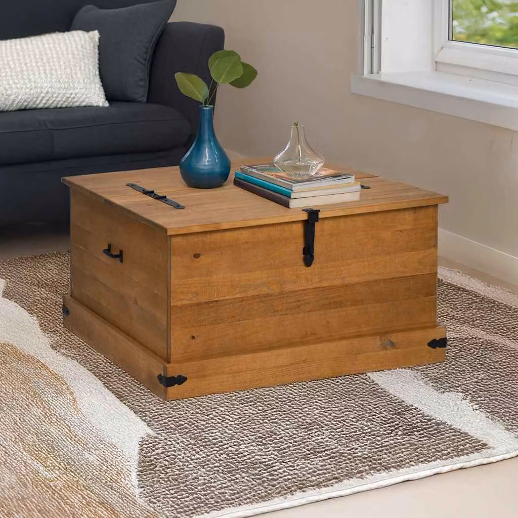 Cassapanca vidaXL HALDEN in legno massello di pino, stile rustico, marrone, L 91 cm x P 91 cm x H 47 cm