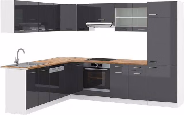 Cucina angolare moderna R-Line Vicco Antracite lucido e Bianco con dettagli Rovere, L: 287 cm, P: 227 cm – 1