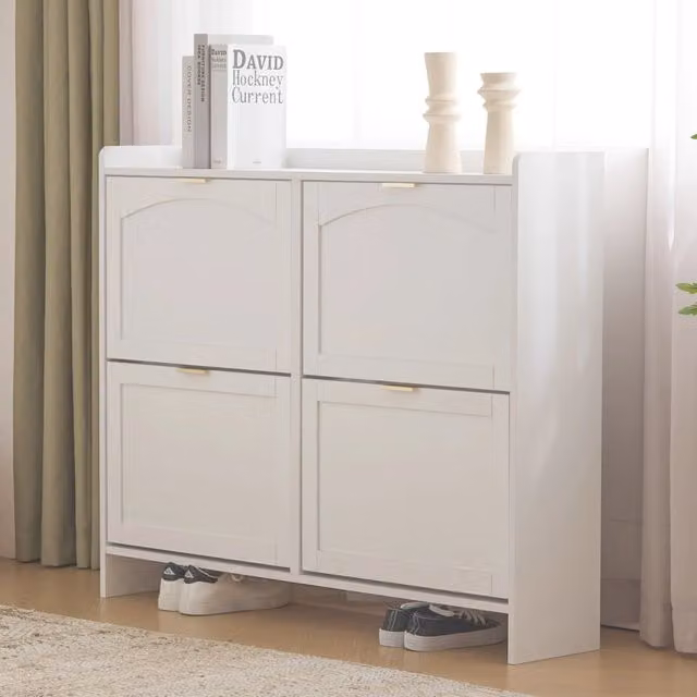 Scarpiera moderna bianca con vani a ribalta e ripiani interni per ingresso, L: 110 cm, H: 90 cm, P: 24 cm