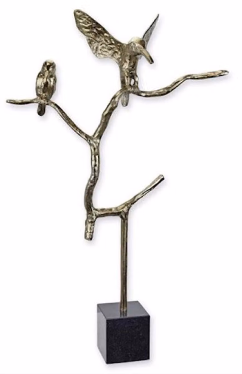 Casa Padrino scultura decorativa in alluminio uccelli su ramo argento / nero 45,6 x 15,2 x h. 75 cm - Figura decorativa in alluminio con base in marmo - Decorazione per il soggiorno - Decorazione per la scrivania