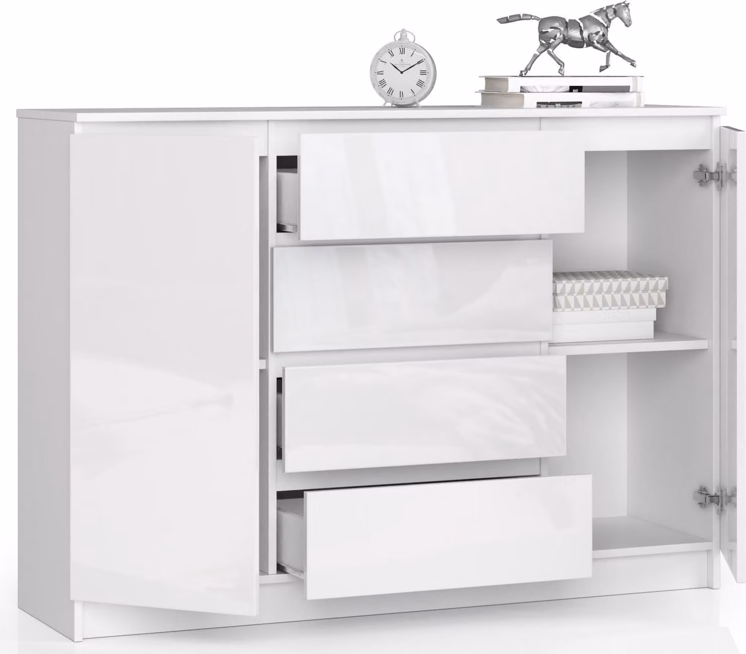 Comò da 138 cm con 4 cassetti e 2 ante; credenza alta 99 cm
